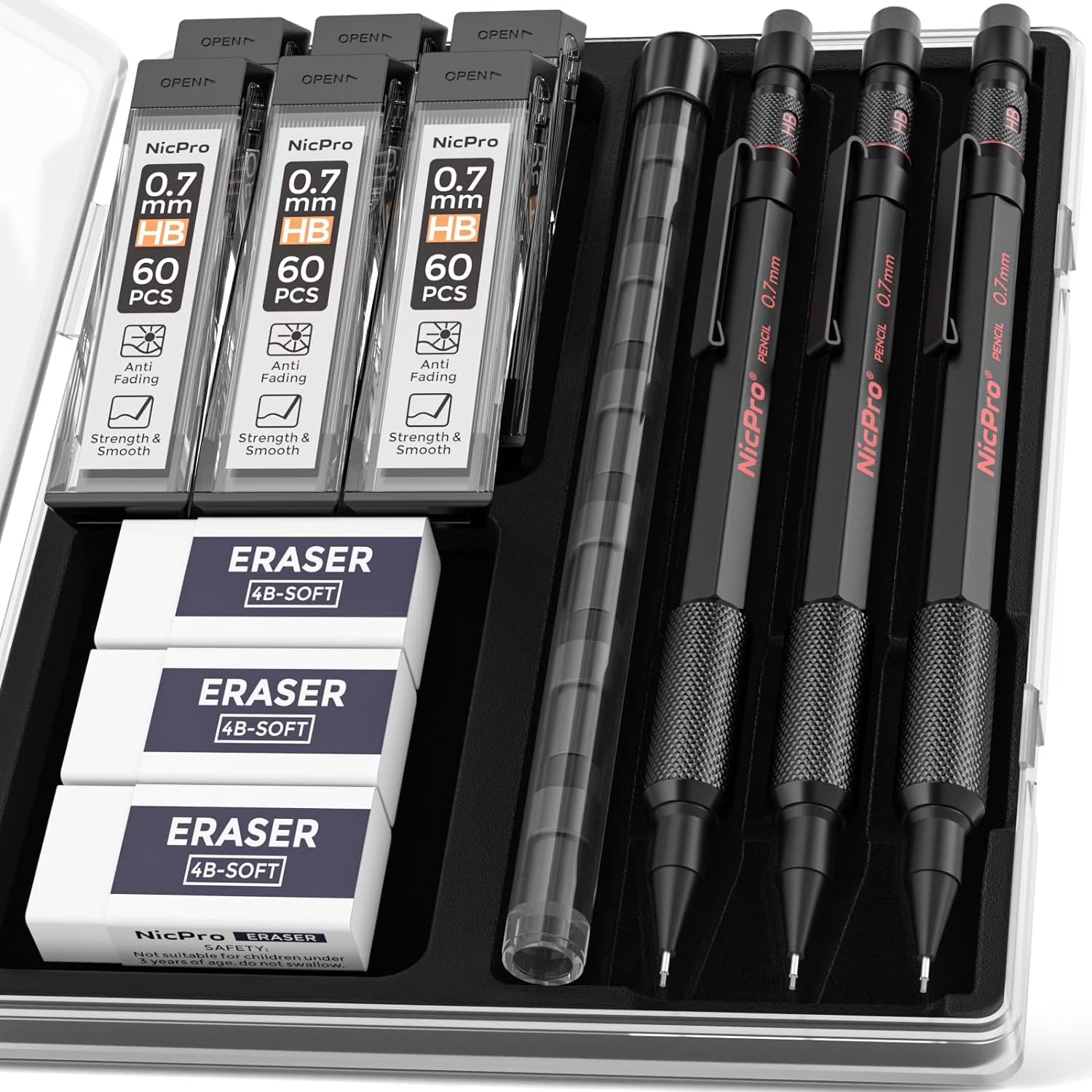 Nicpro 3-Piece 0.7mm Metal Mechanical Pencil Set with HB Lead Refills & Case