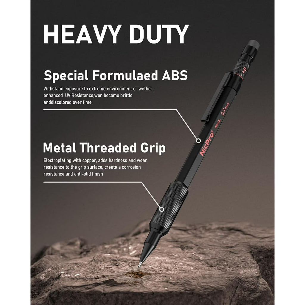 Nicpro 3-Piece 0.7mm Metal Mechanical Pencil Set with HB Lead Refills & Case