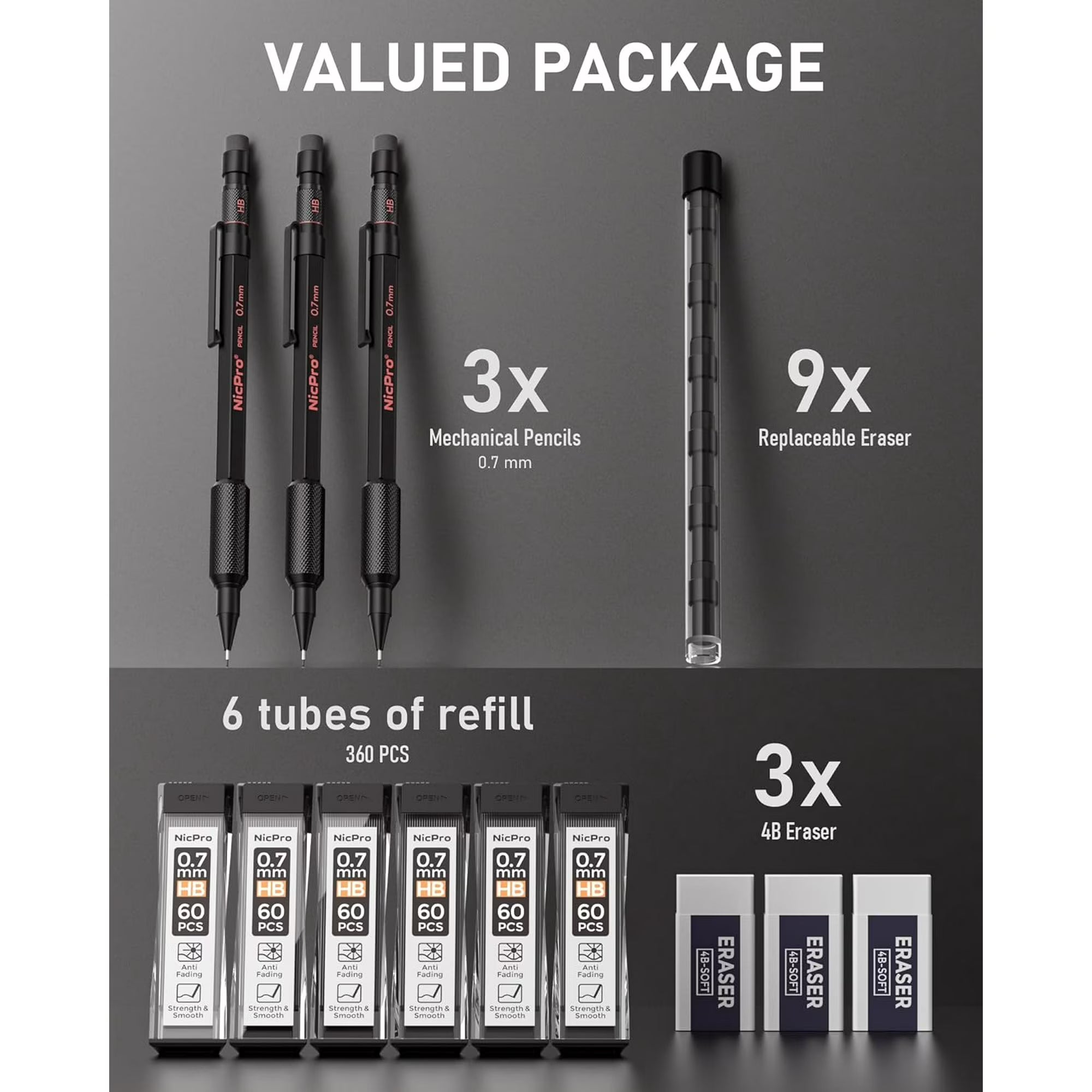 Nicpro 3-Piece 0.7mm Metal Mechanical Pencil Set with HB Lead Refills & Case
