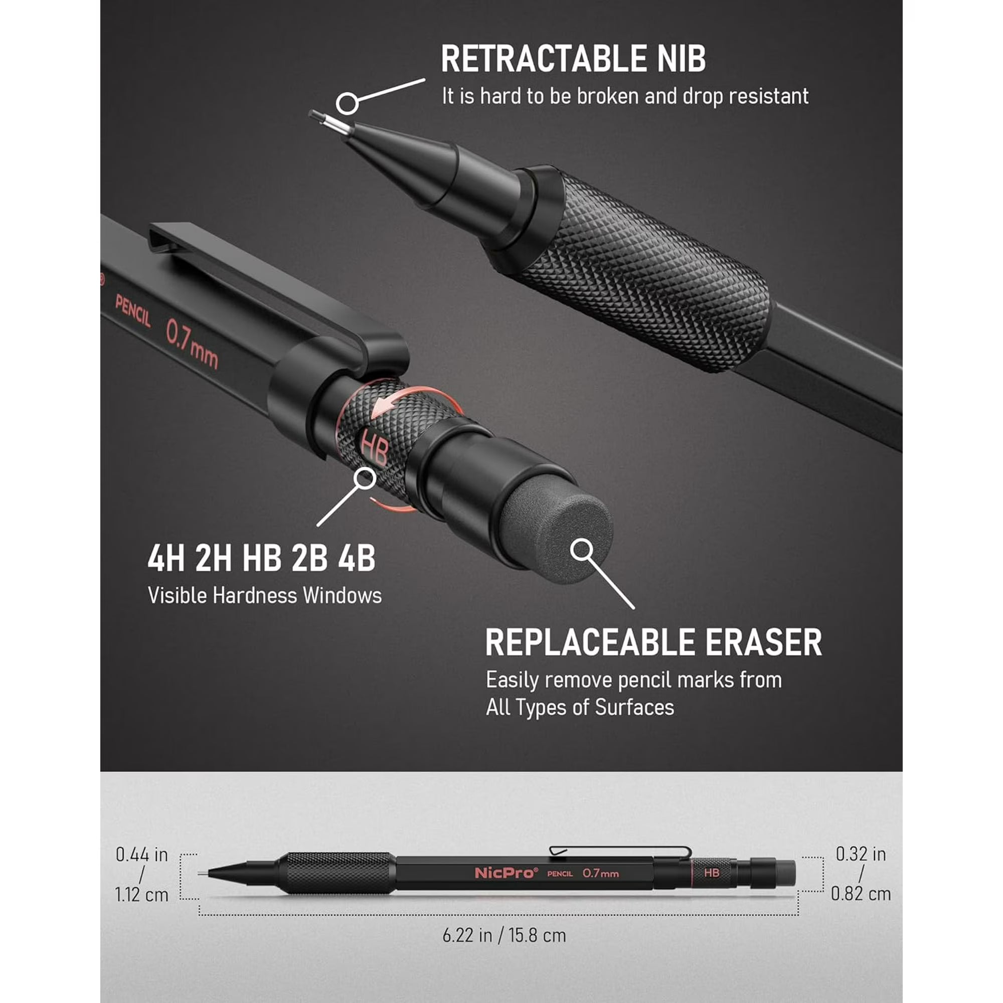 Nicpro 3-Piece 0.7mm Metal Mechanical Pencil Set with HB Lead Refills & Case