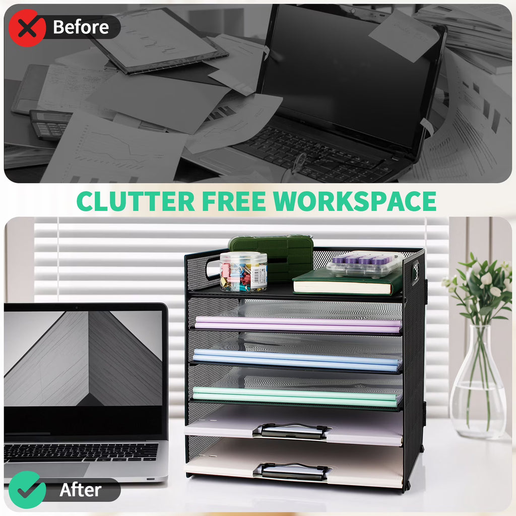 PHANCIR 6-Tier Desk Organizer Paper Storage Tray with Handle