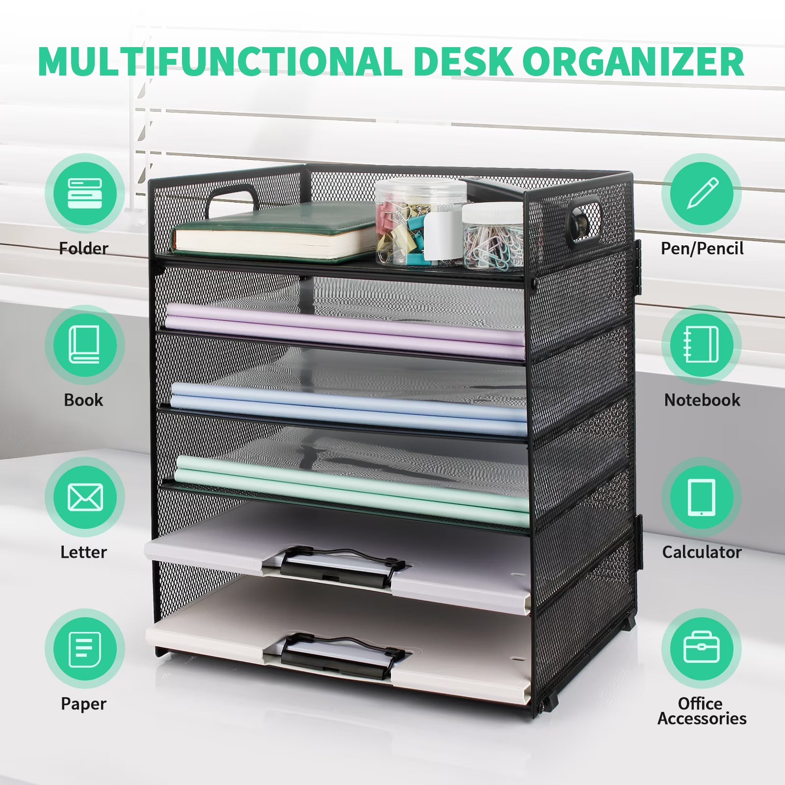 PHANCIR 6-Tier Desk Organizer Paper Storage Tray with Handle