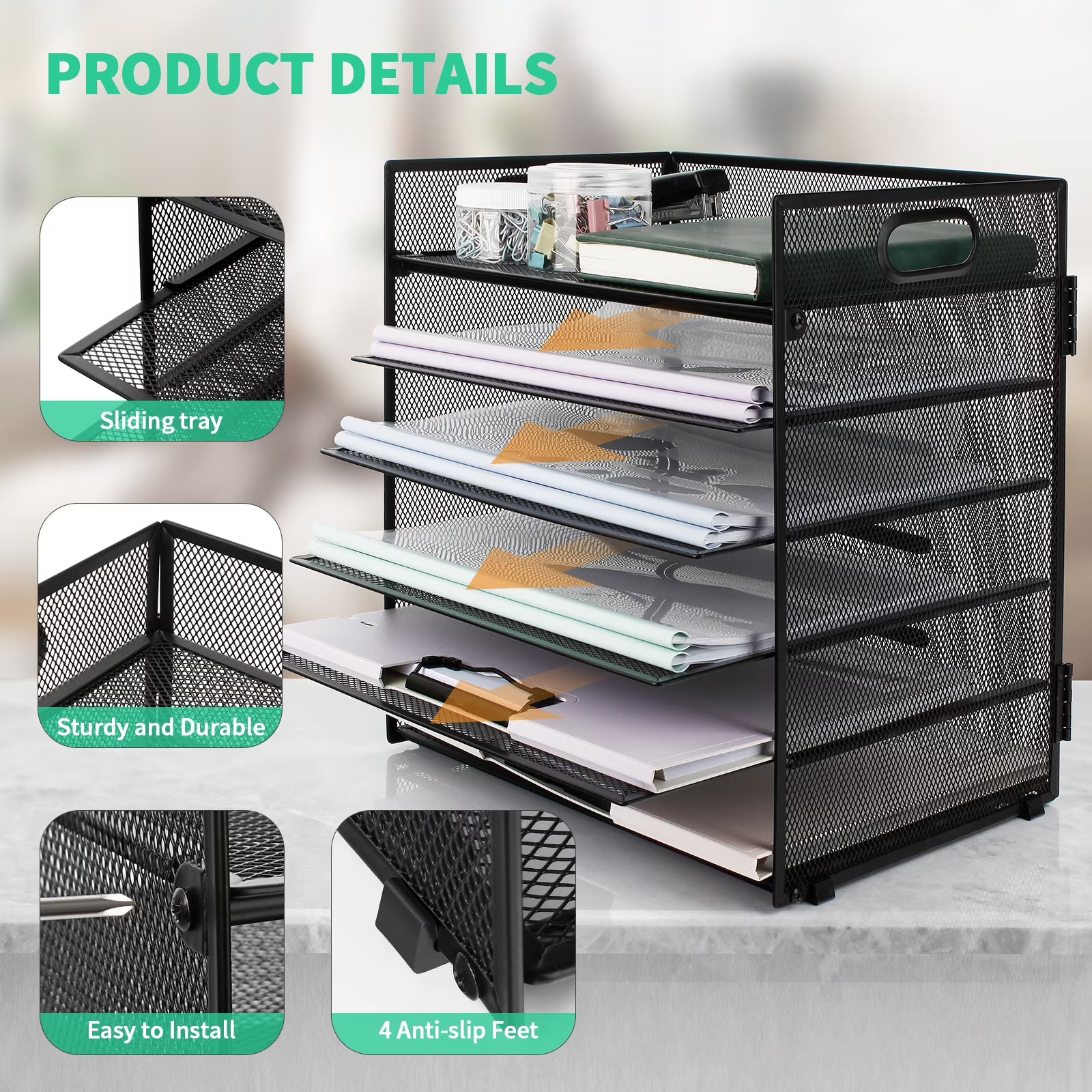 PHANCIR 6-Tier Desk Organizer Paper Storage Tray with Handle