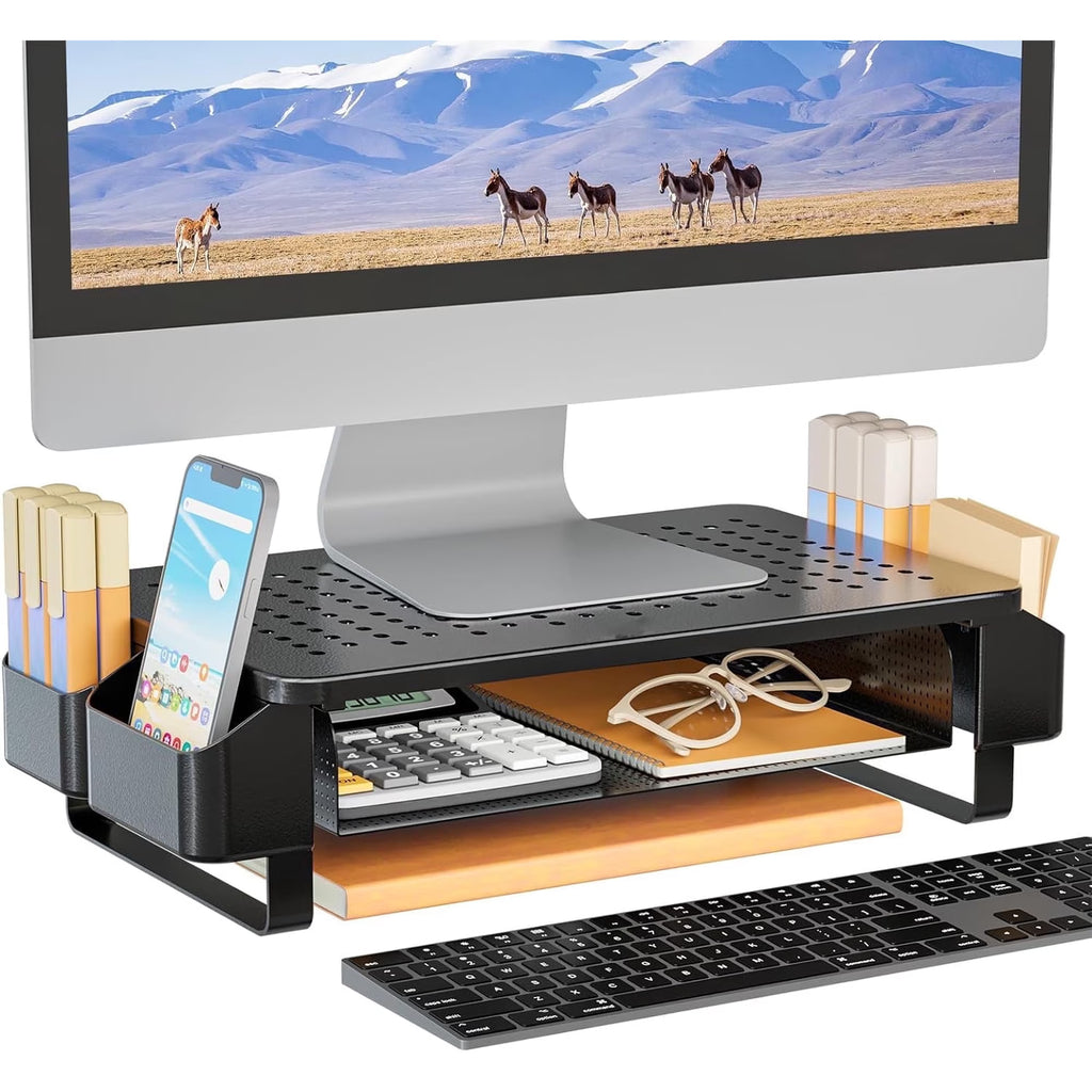 LUFF Monitor Stand Riser with Pullout Storage Drawer & Pen Holder – Black