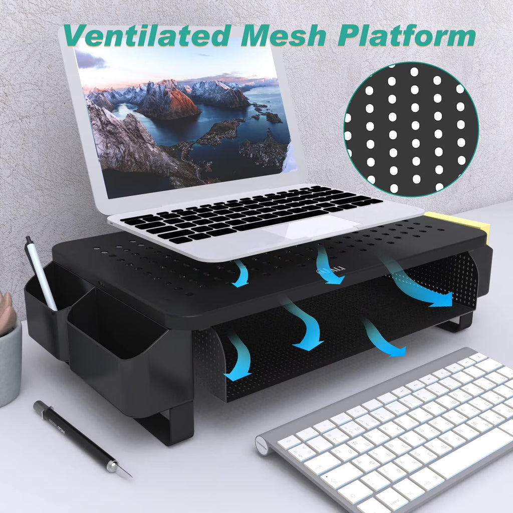 LUFF Monitor Stand Riser with Pullout Storage Drawer & Pen Holder – Black