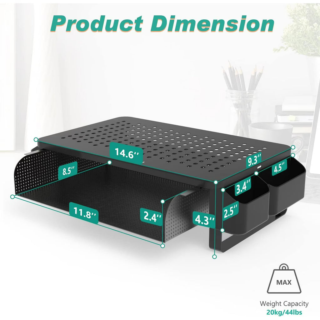 LUFF Monitor Stand Riser with Pullout Storage Drawer & Pen Holder – Black