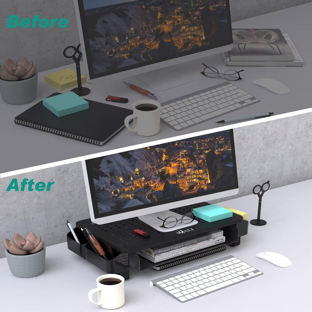 LUFF Monitor Stand Riser with Pullout Storage Drawer & Pen Holder – Black