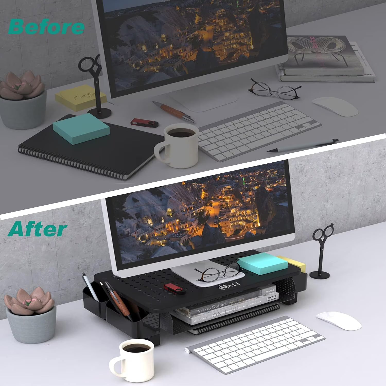 LUFF Monitor Stand Riser with Pullout Storage Drawer & Pen Holder – Black