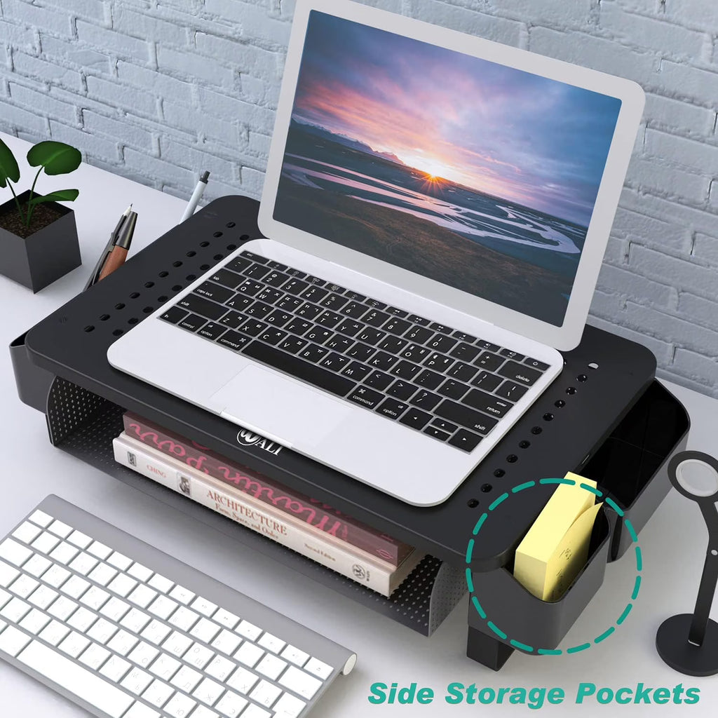 LUFF Monitor Stand Riser with Pullout Storage Drawer & Pen Holder – Black
