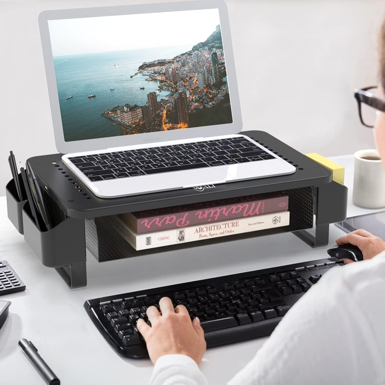 LUFF Monitor Stand Riser with Pullout Storage Drawer & Pen Holder – Black