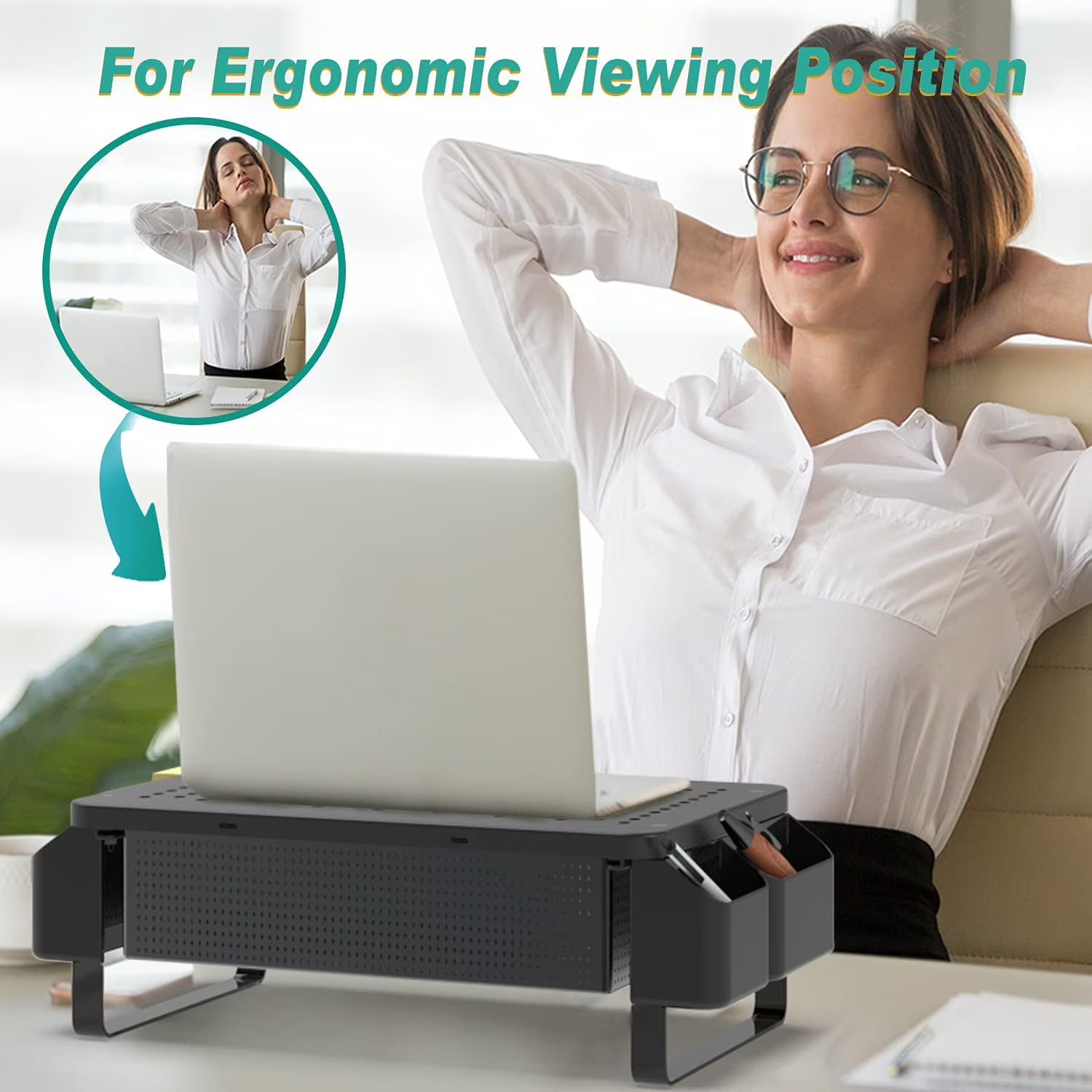 LUFF Monitor Stand Riser with Pullout Storage Drawer & Pen Holder – Black