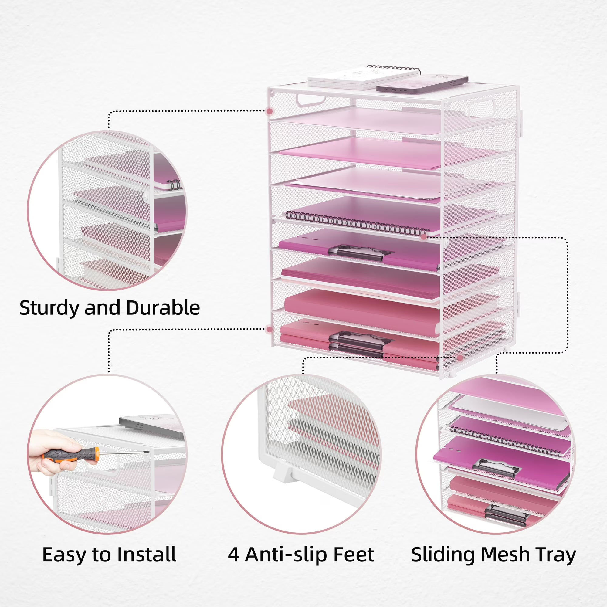 INTIGE 9-Tier Metal Paper Tray Desk Organizer with Handles