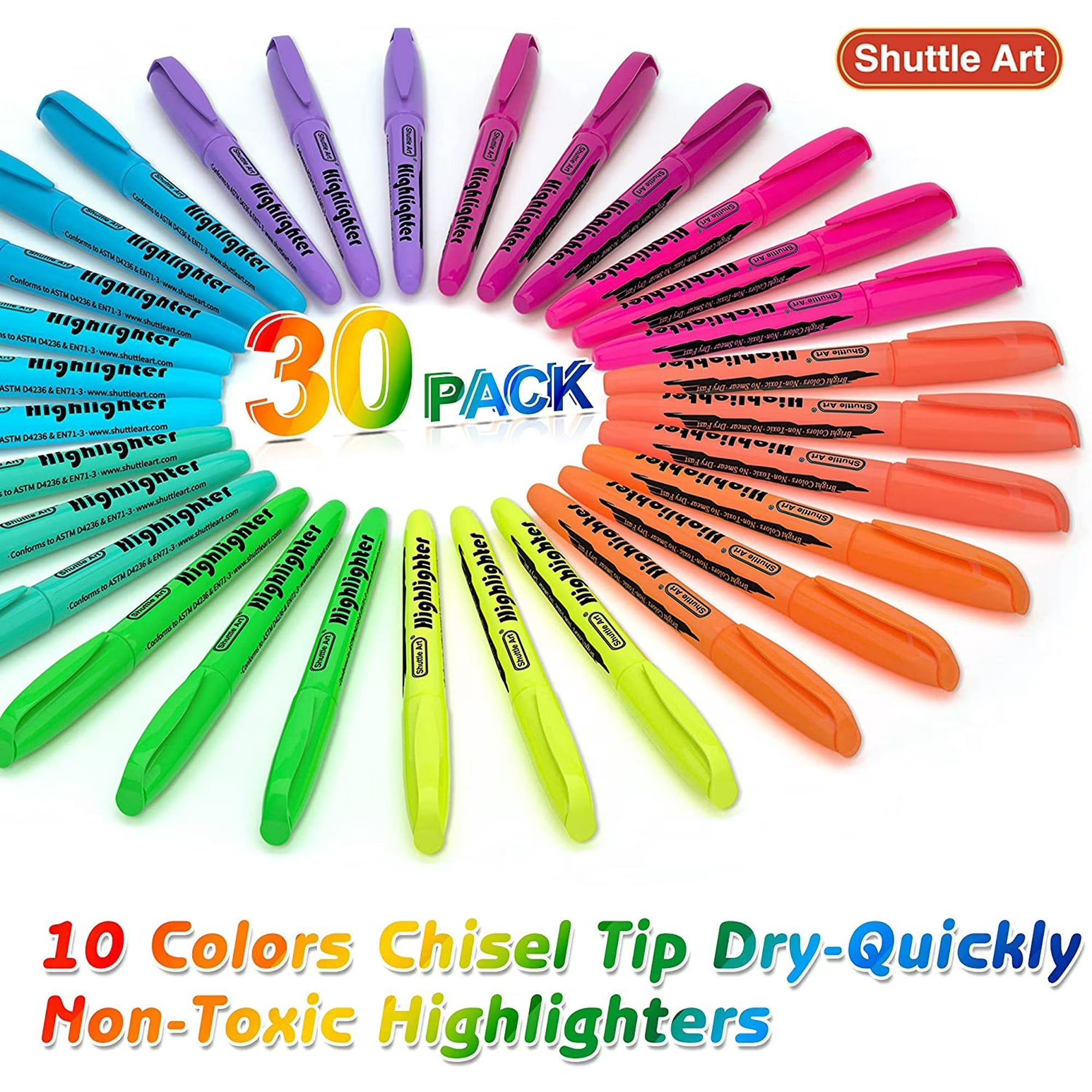 Shuttle Art Highlighter Set – 30 Pack Assorted Color Chisel Tip Markers